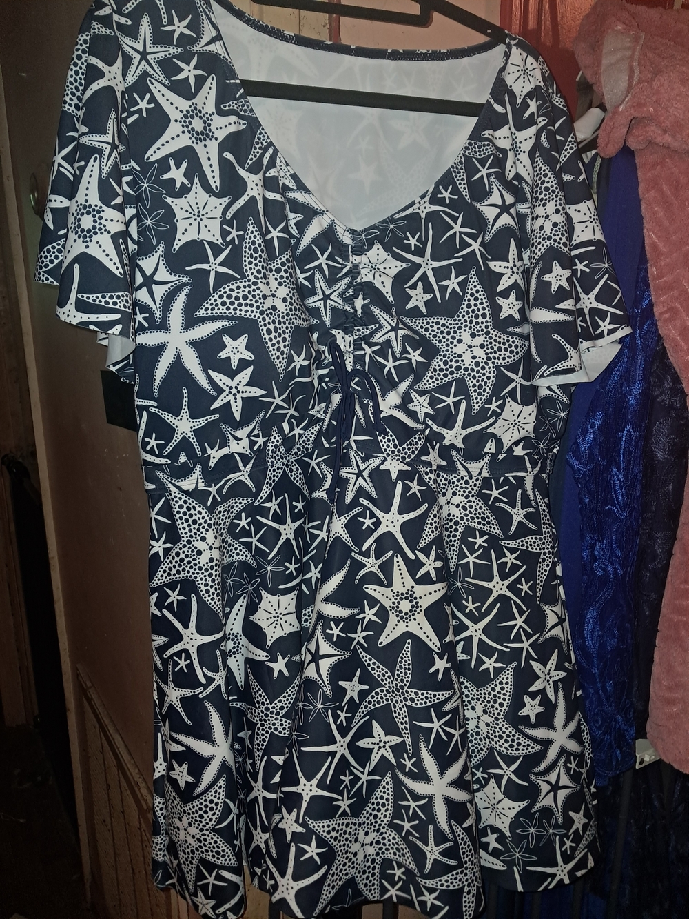 Navy Starfish Print V-Neck Women’s 2 Piece Swimsuit/ Boy Shorts Bottom